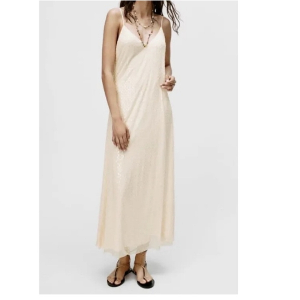 Zara Women's Beaded Sheer Sequins Maxi Dress Beige Size L - Picture 15 of 16